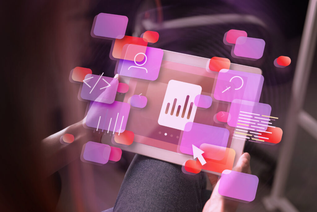 A person using a tablet with floating digital interface elements representing data analytics, email automation, code snippets, and user management - symbolizing AI-powered email marketing tools for 2025.