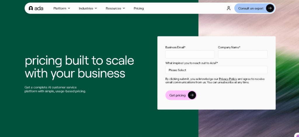 Ada chatbot pricing for small business customer support